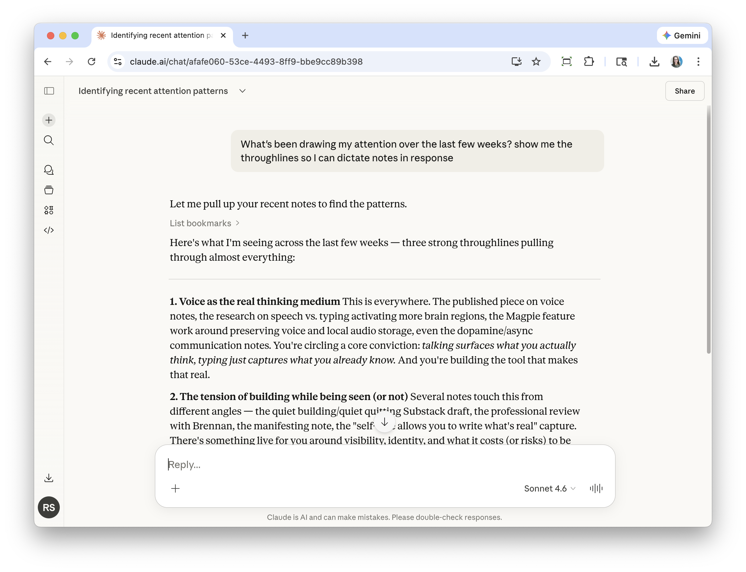Claude.ai conversation identifying throughlines and attention patterns across saved notes