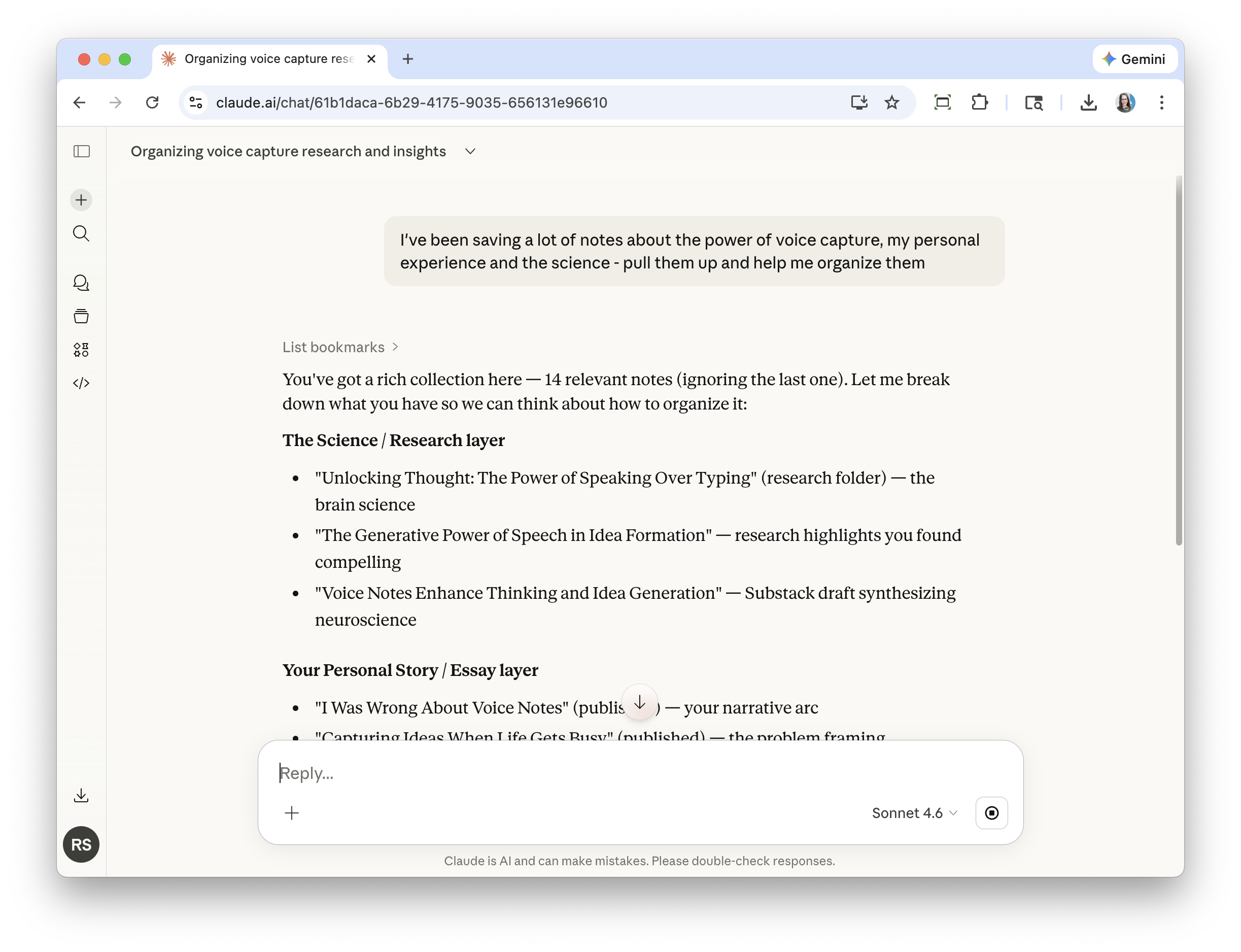 Claude.ai organizing voice capture notes into research, personal story, and essay layers