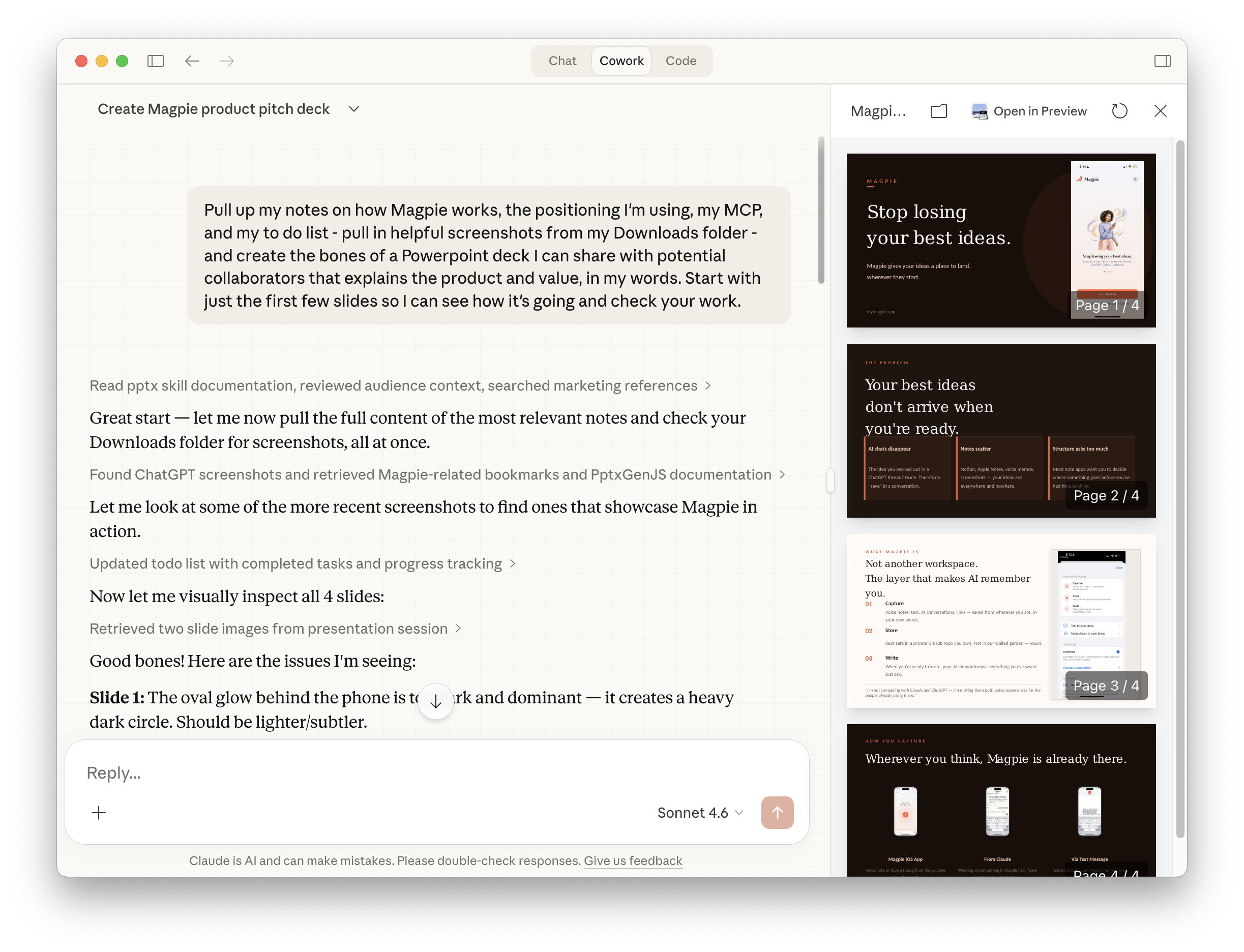 Cowork conversation alongside a PowerPoint pitch deck being built from Magpie notes