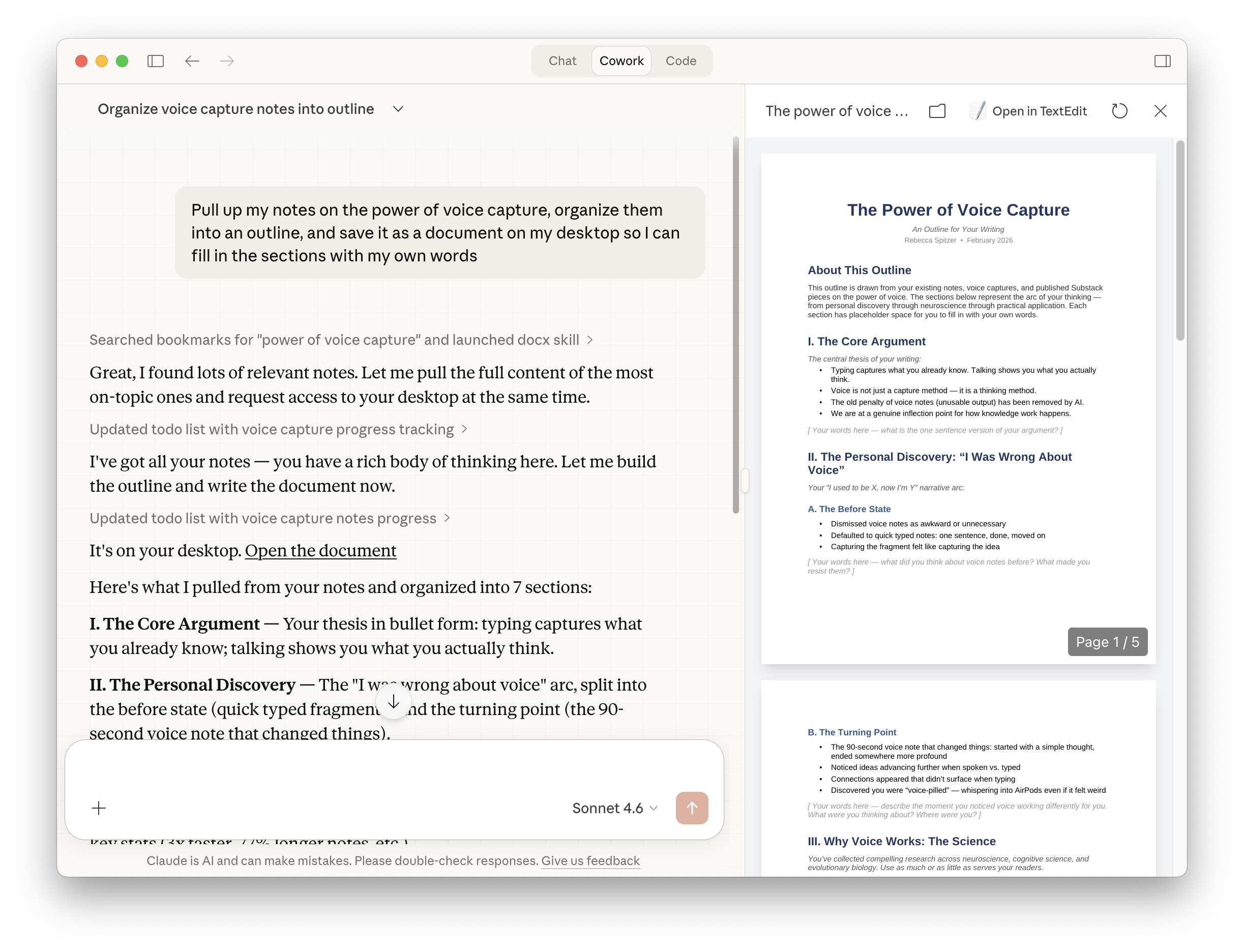 Cowork conversation with a structured writing outline document open on the desktop